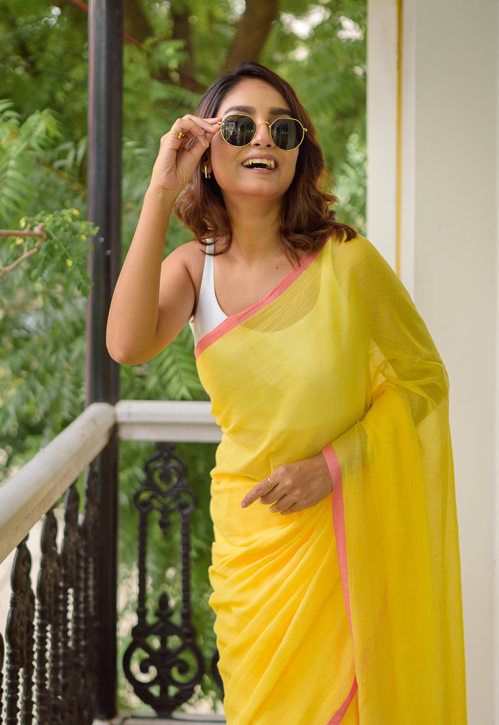 Yellow And Pink Mulmul Cotton Saree