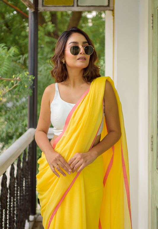 Yellow And Pink Mulmul Cotton Saree