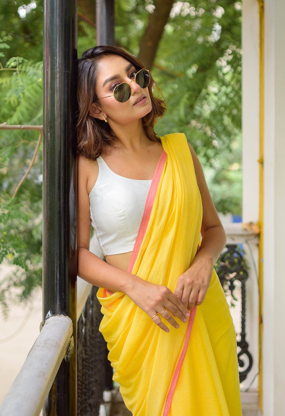 Yellow And Pink Mulmul Cotton Saree