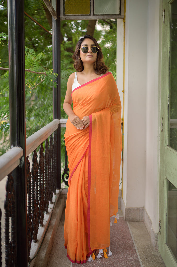 Orange And Pink Mulmul Cotton Saree