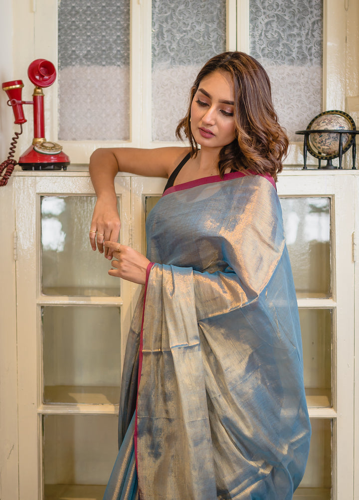 Blue And Golden Tissue Saree