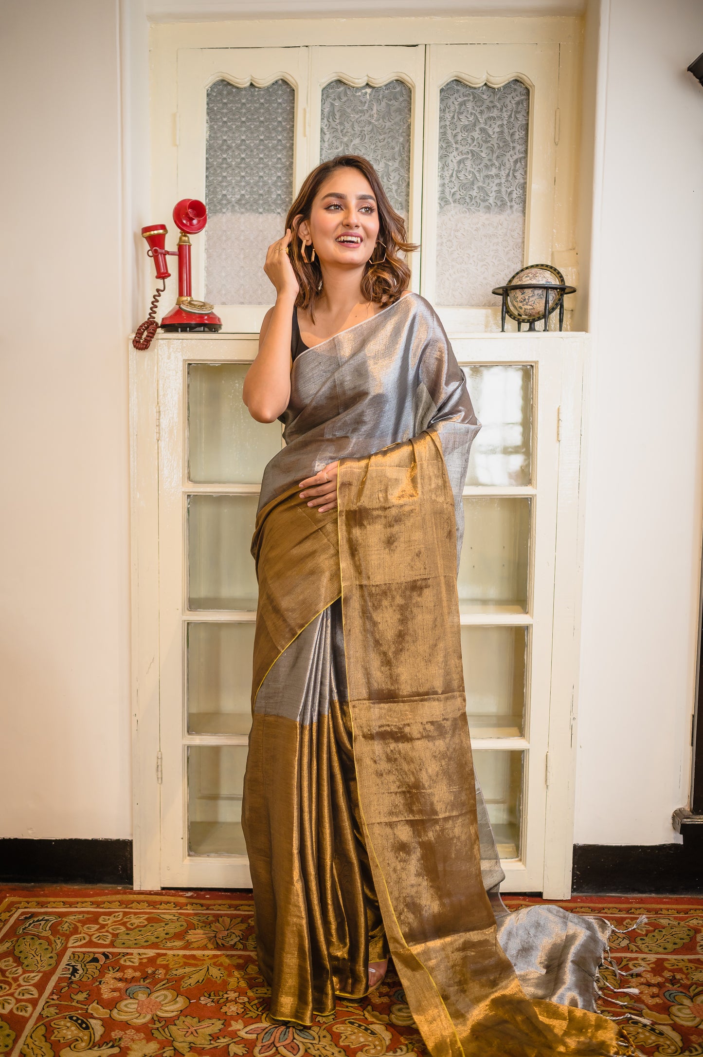 Silver And Golden Tissue Saree