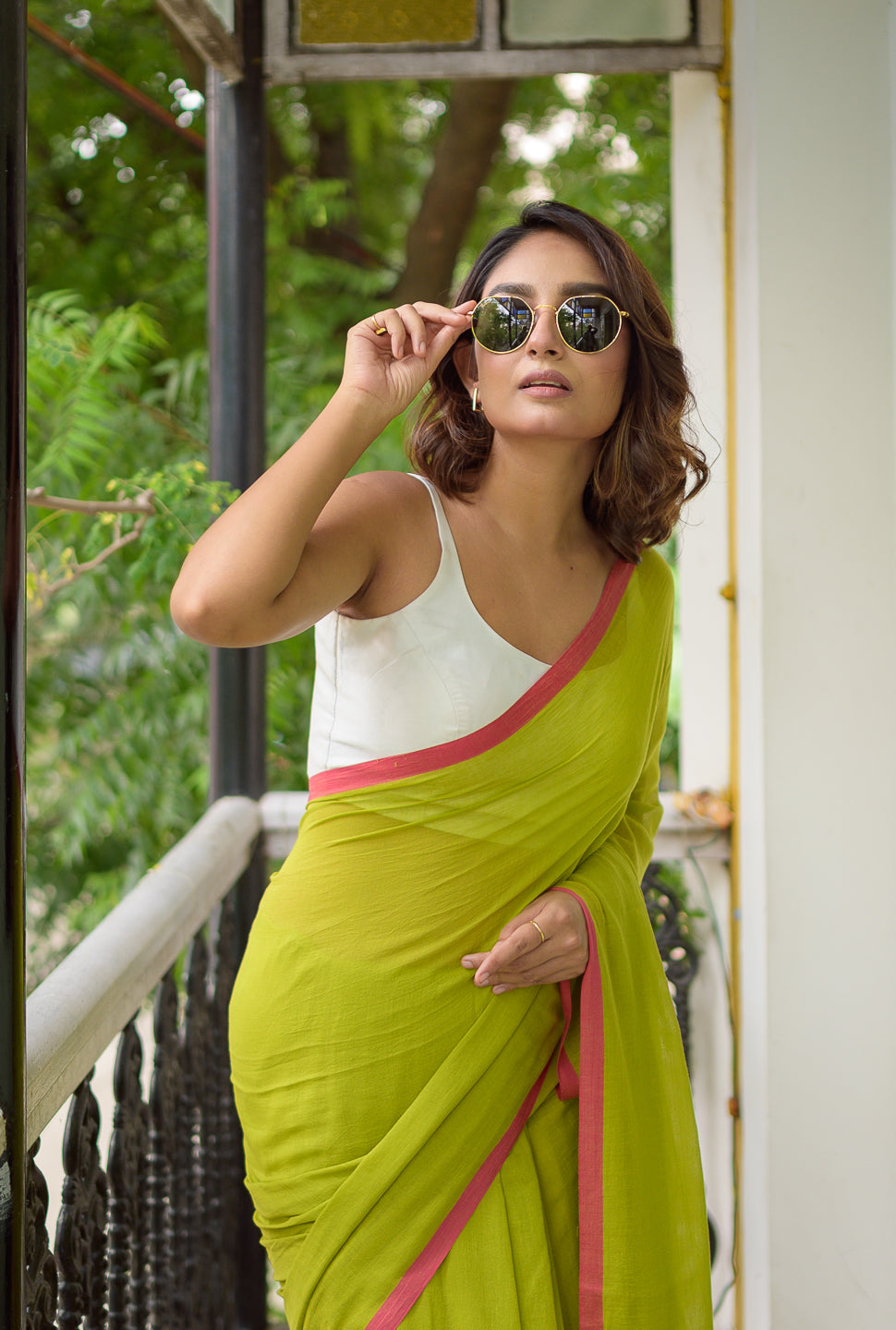 Green And Pink Mulmul Cotton Saree