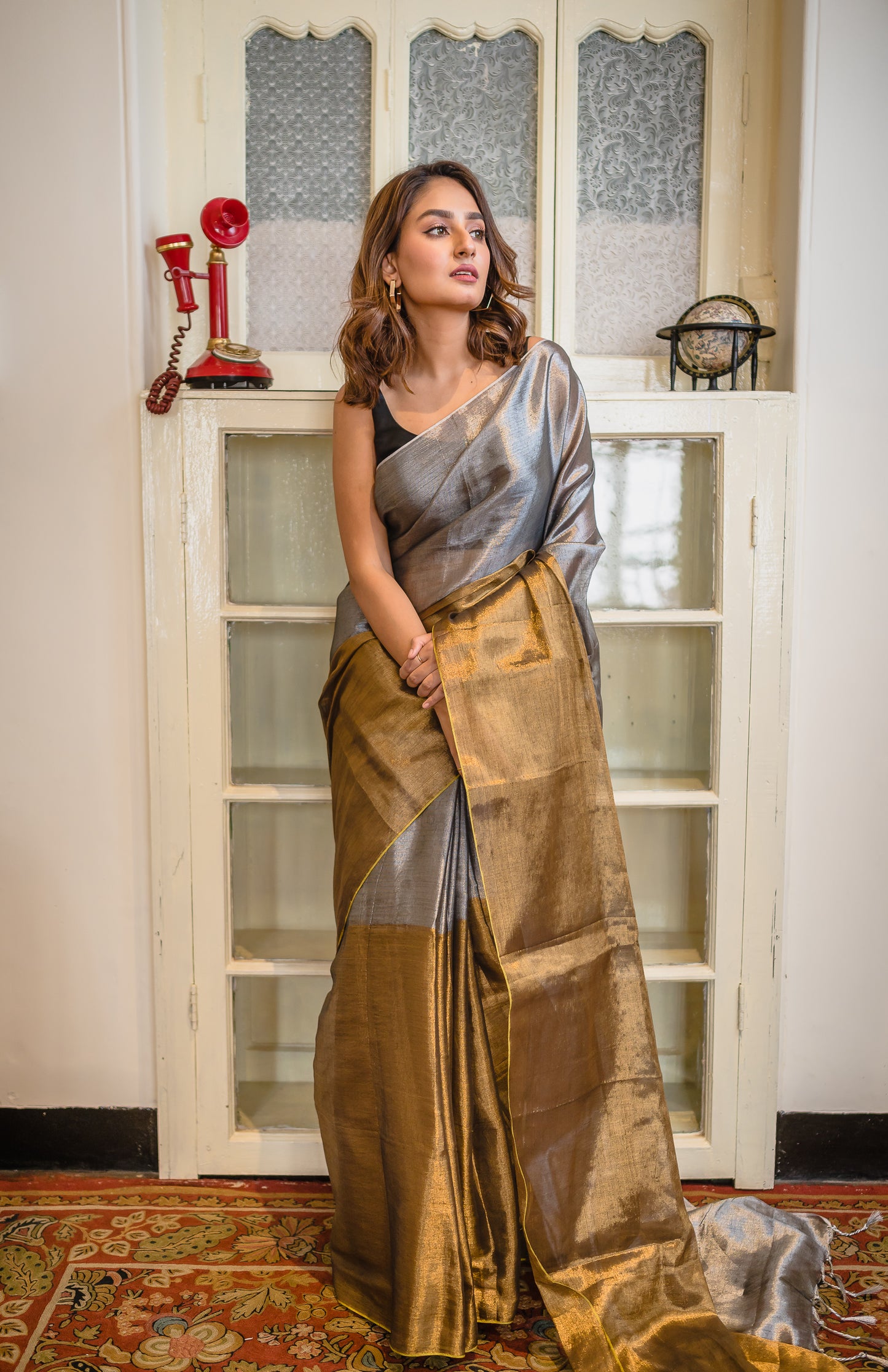 Silver And Golden Tissue Saree