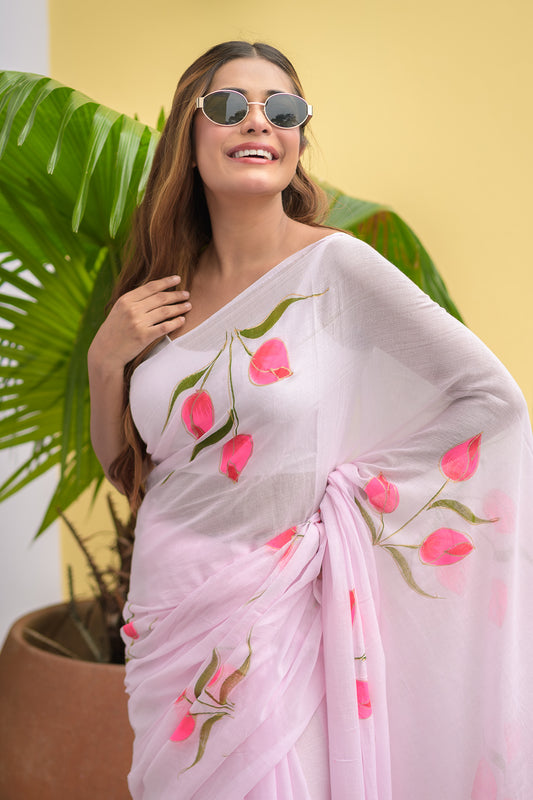 Hand Painted Baby Pink Mulmul Cotton Saree