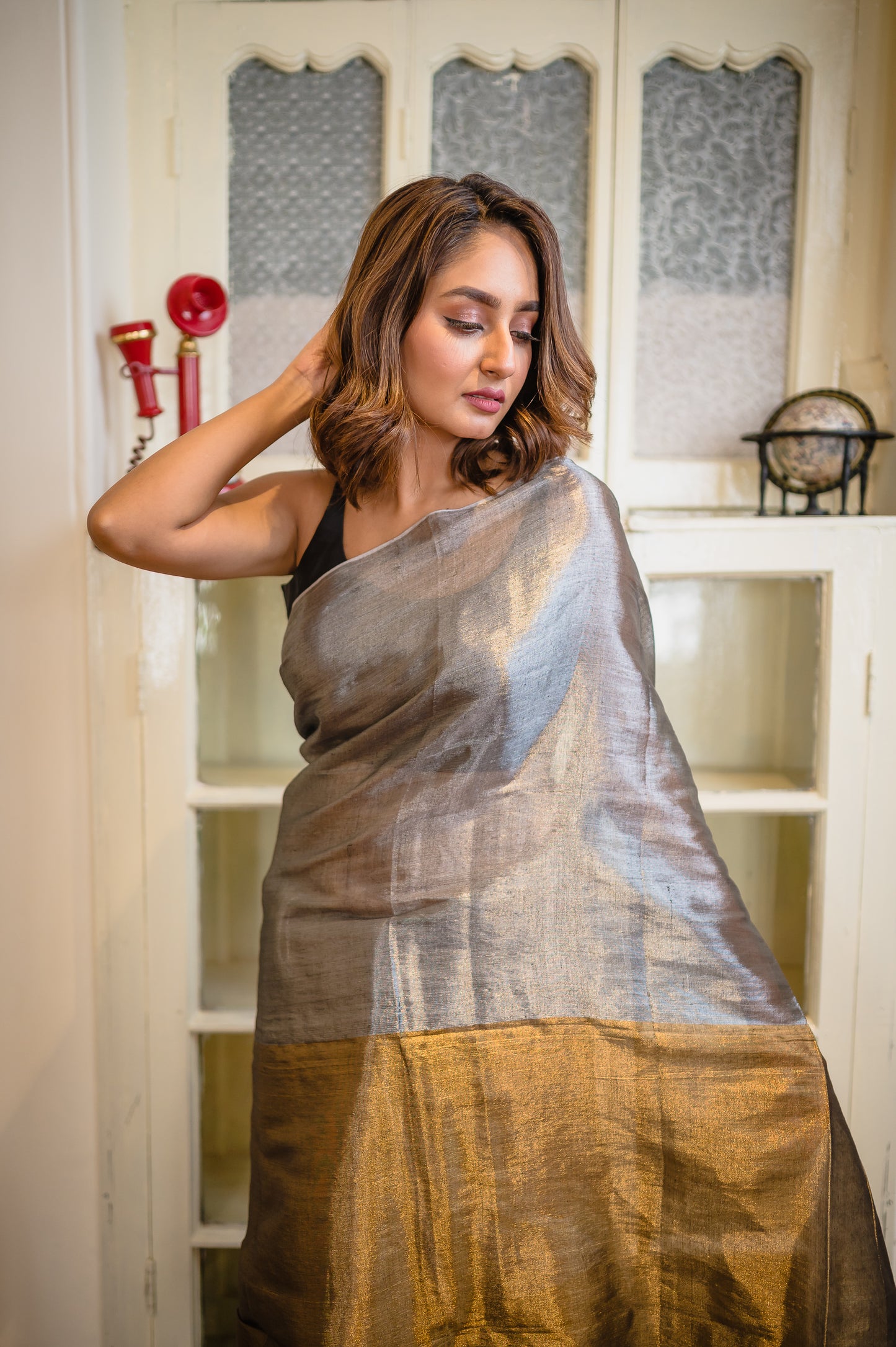 Silver And Golden Tissue Saree