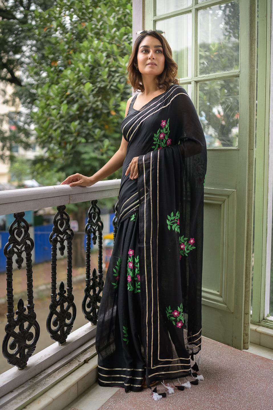 Black Sequined Mulmul Cotton Saree