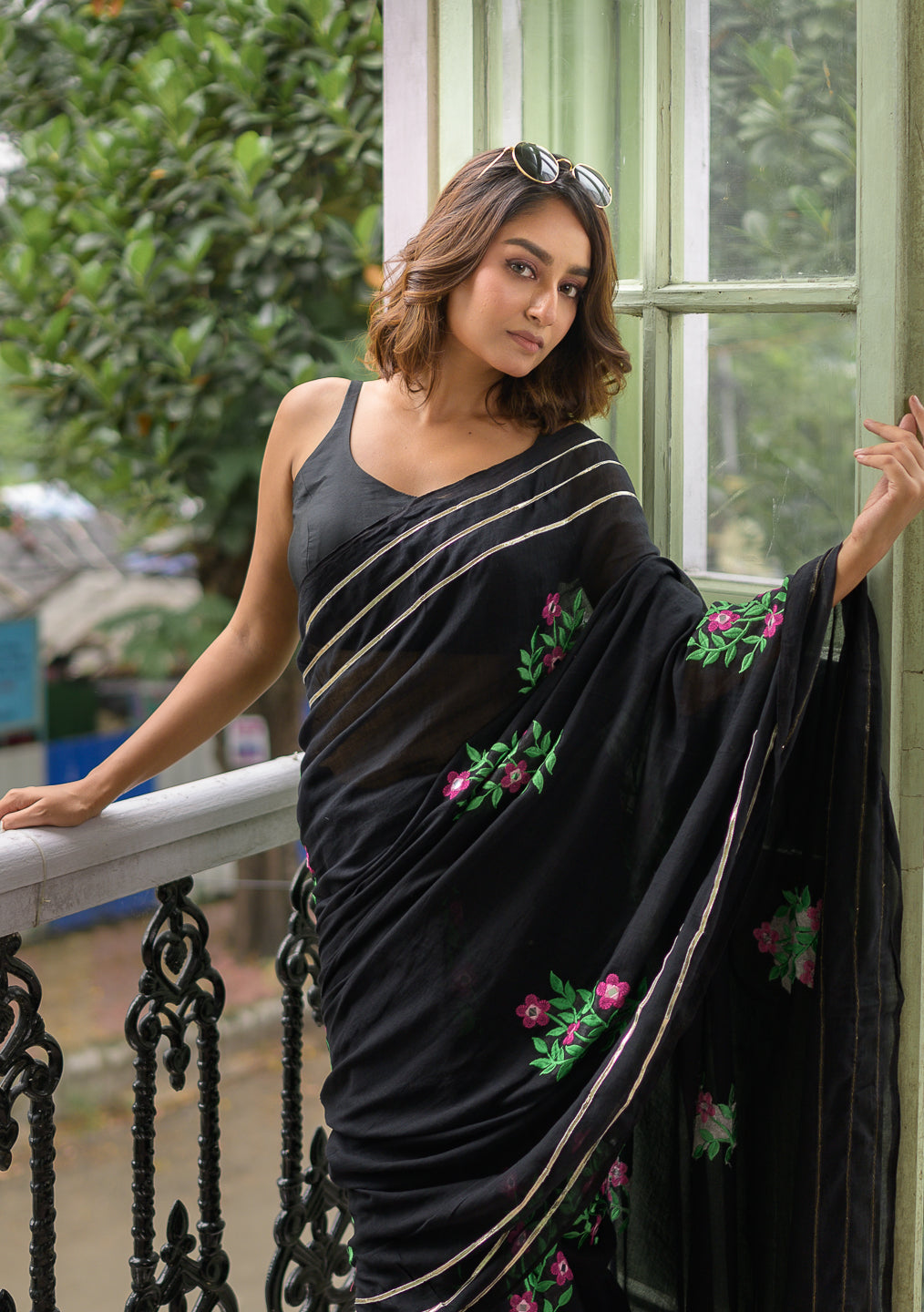 Black Sequined Mulmul Cotton Saree