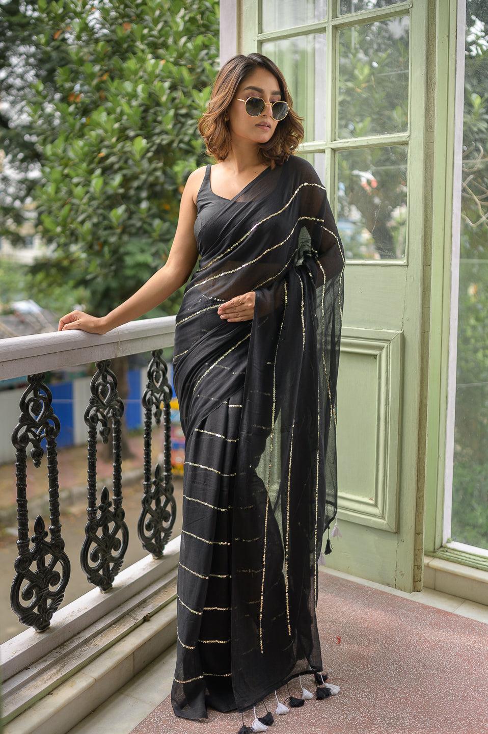 Black Sequined Mulmul Cotton Saree