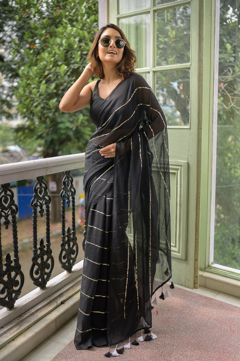 Black Sequined Mulmul Cotton Saree