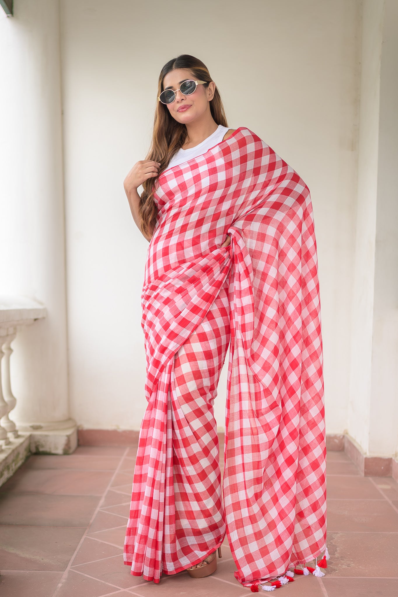 Gingham Red Mulmul Cotton Saree