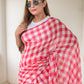 Gingham Red Mulmul Cotton Saree