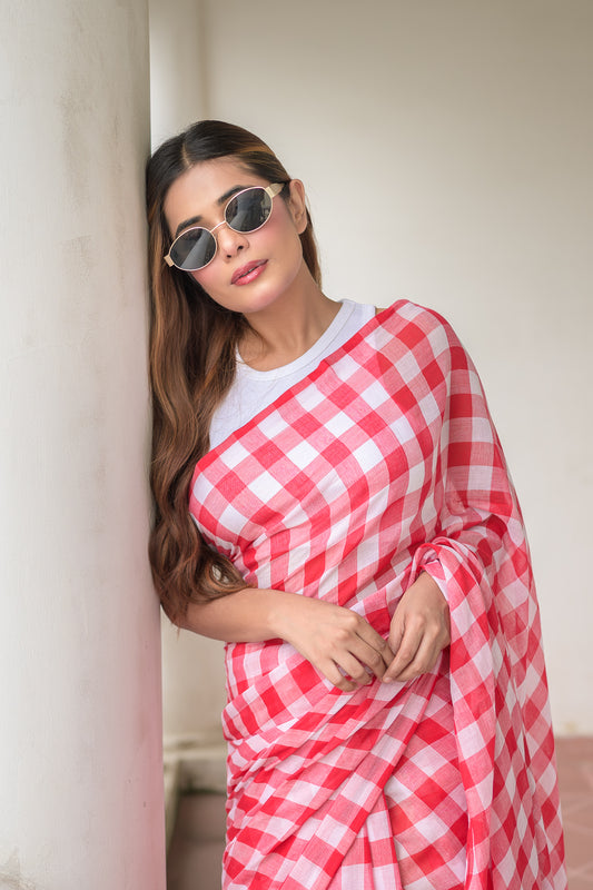 Gingham Red Mulmul Cotton Saree