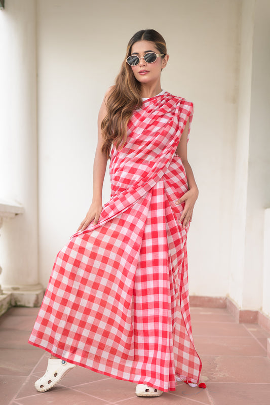 Gingham Red Mulmul Cotton Saree