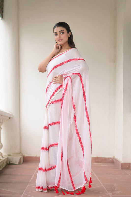 White And Red Embroidery Mulmul Cotton Saree