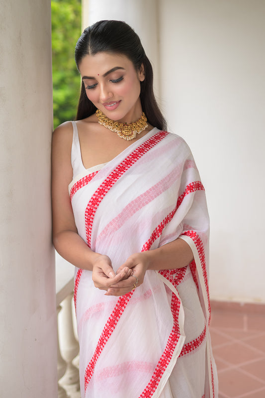 White And Red Embroidery Mulmul Cotton Saree