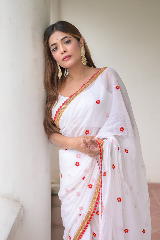 White And Red Embroidery Mulmul Cotton Saree