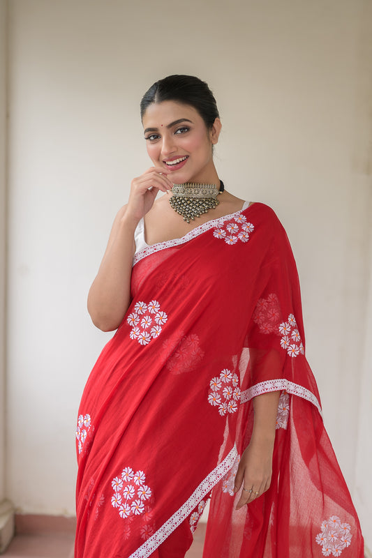 Red Siuli Mulmul Cotton Saree