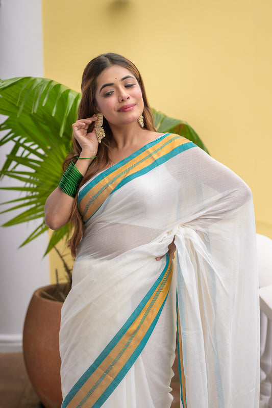 White Mulmul Cotton Saree
