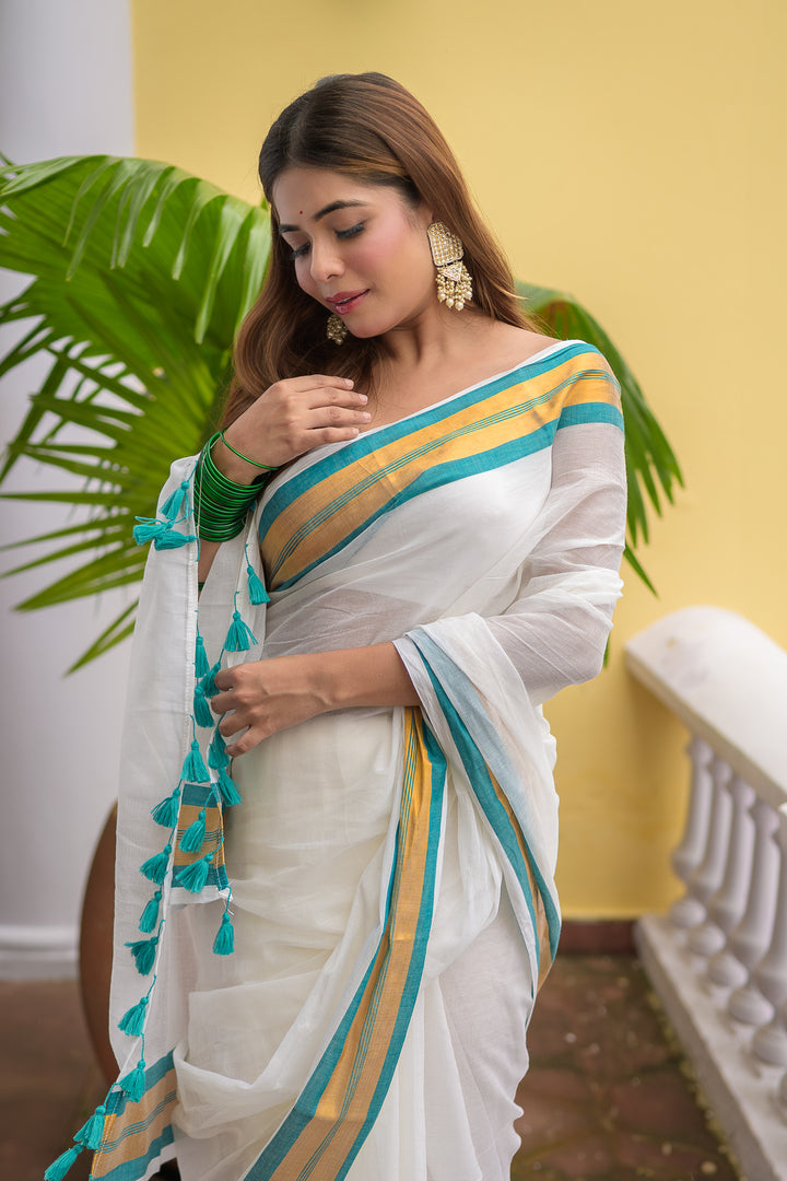 White Mulmul Cotton Saree