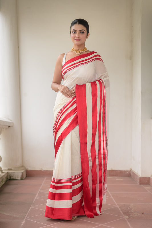 White And Red Pure Cotton Saree