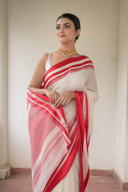 White And Red Pure Cotton Saree