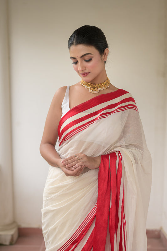 White And Red Pure Cotton Saree