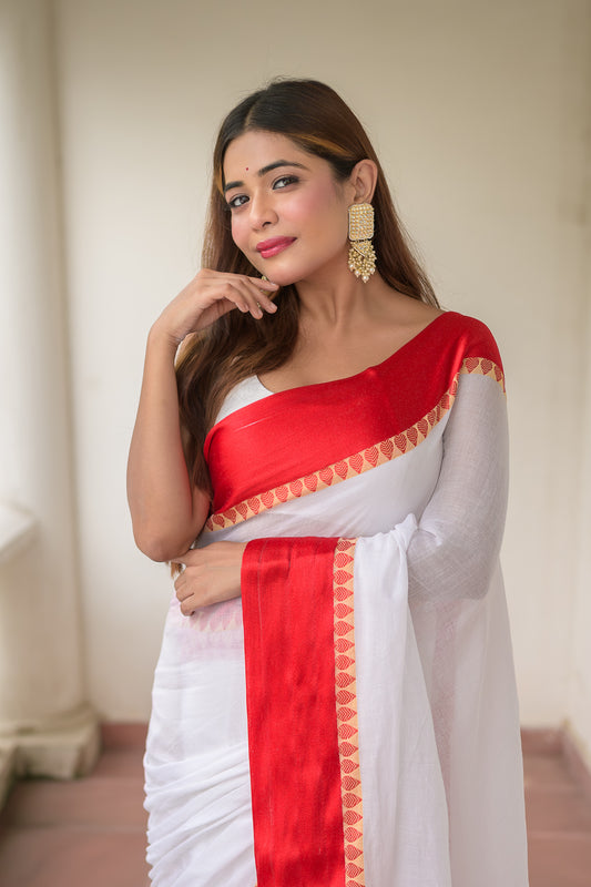 White And Red Mulmul Cotton Saree