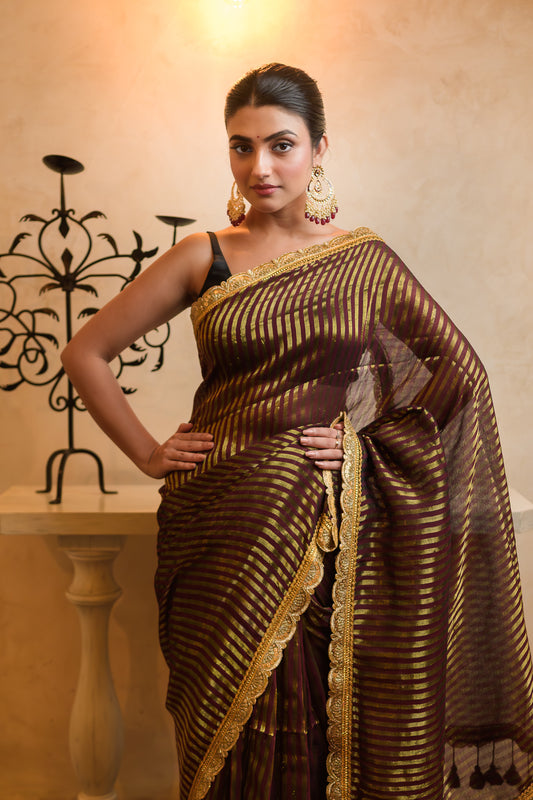 Maroon Zari Tissue Saree