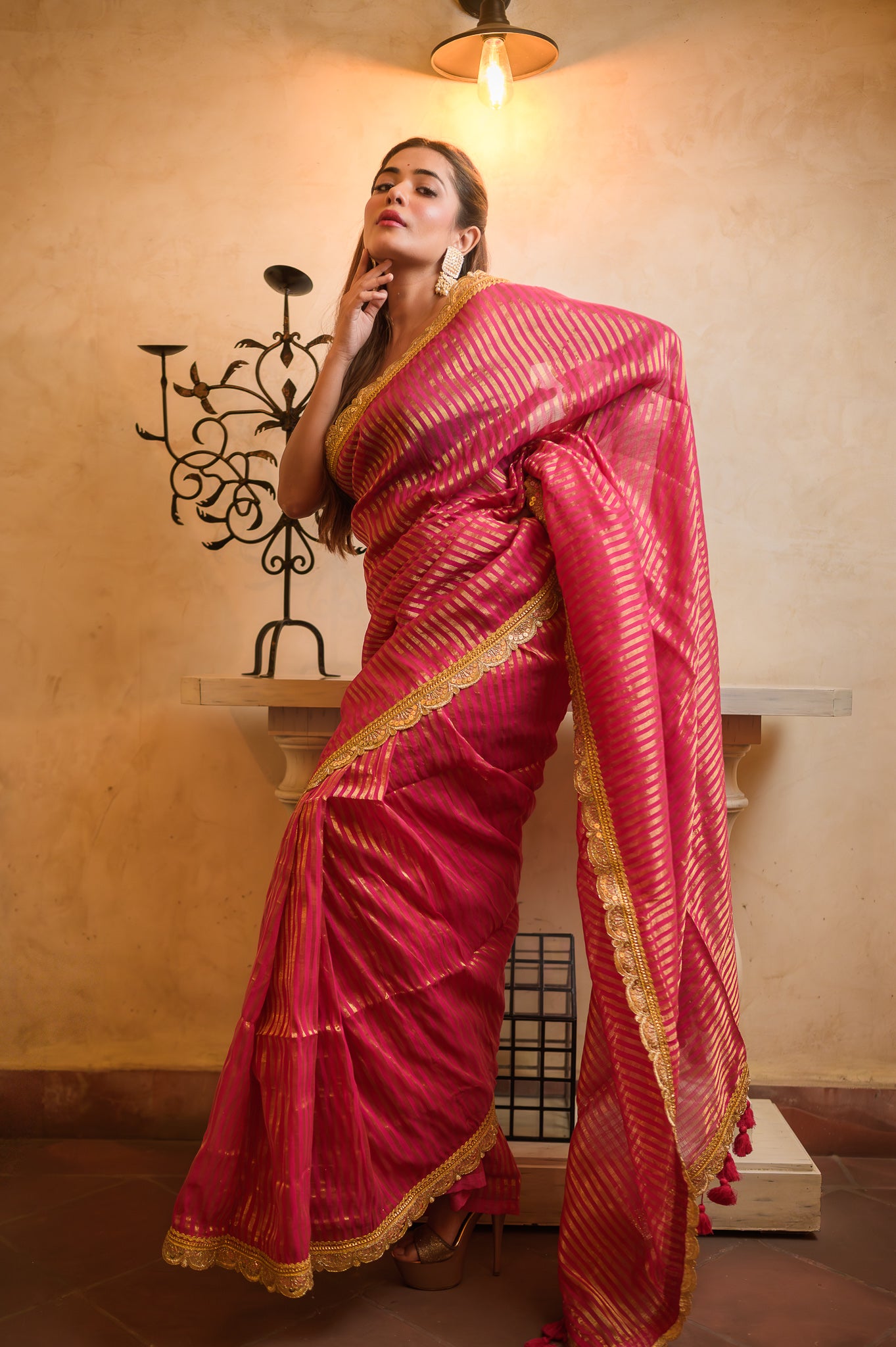 Pink Zari Tissue Saree