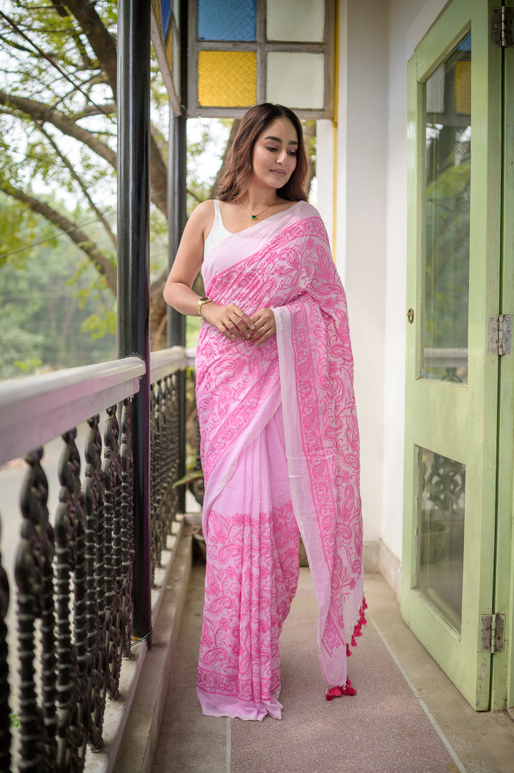 Pink Chikankari Mulmul Cotton Saree