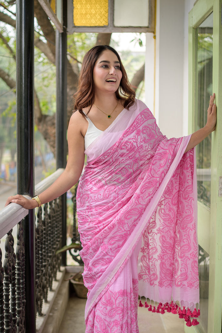 Pink Chikankari Mulmul Cotton Saree