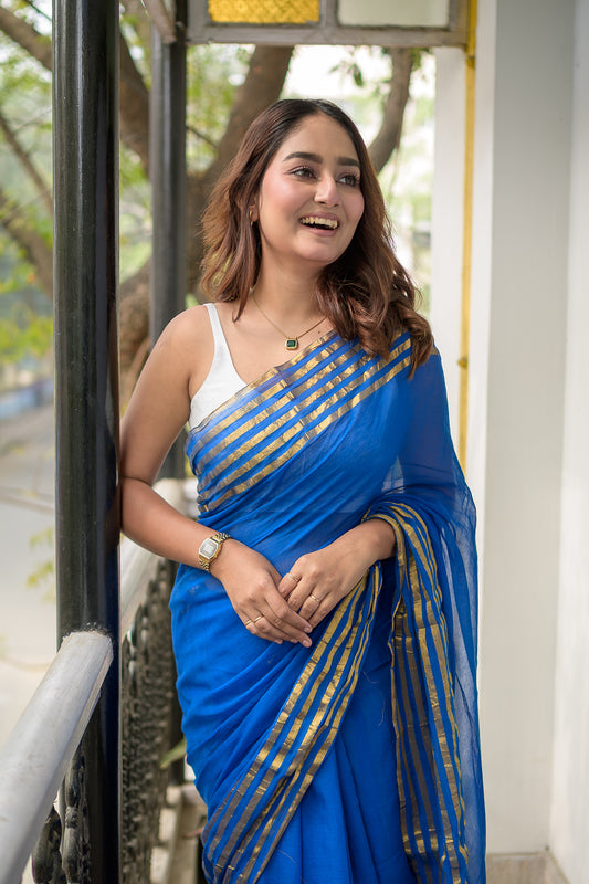 Royal Blue Mulmul Cotton Saree