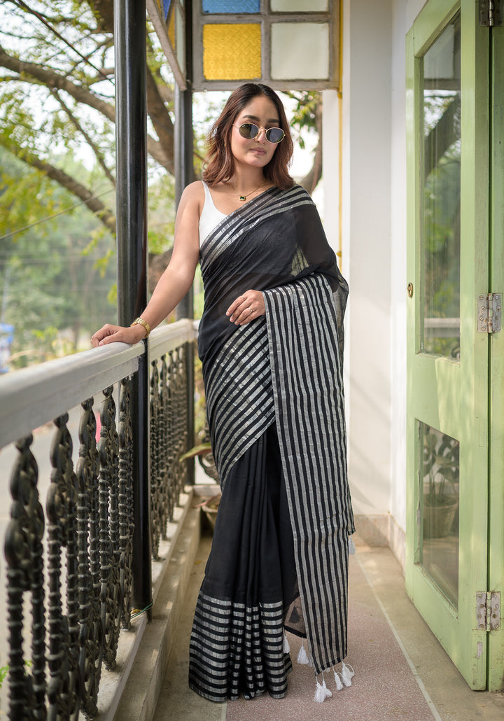 Jet Black Mulmul Cotton Saree