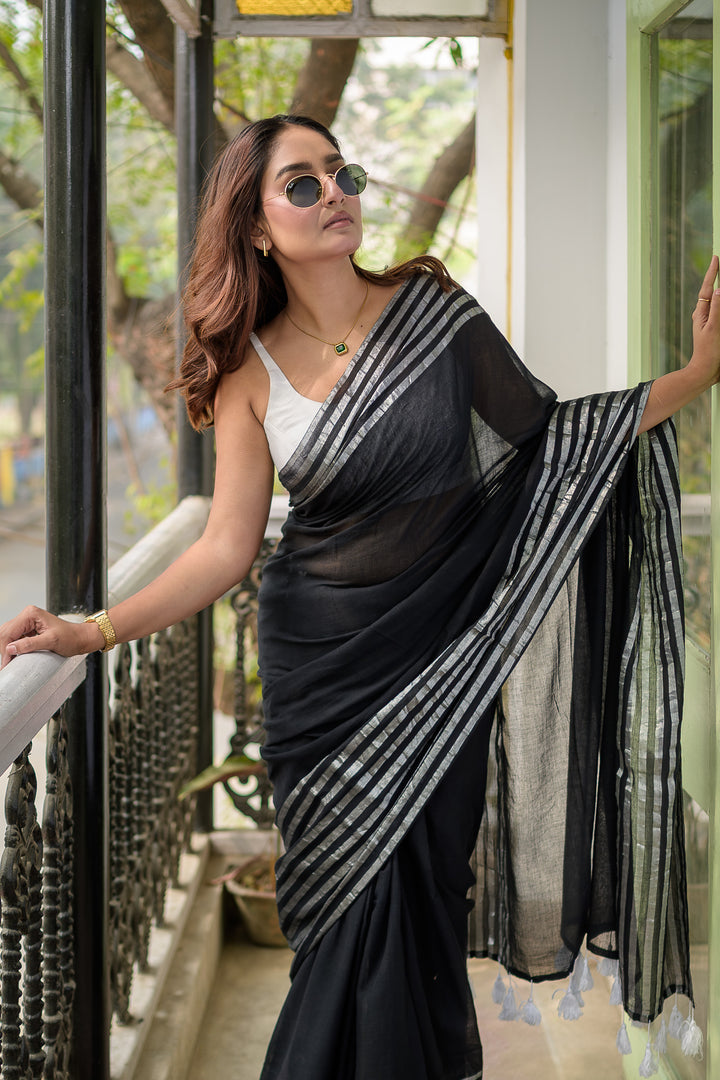 Jet Black Mulmul Cotton Saree
