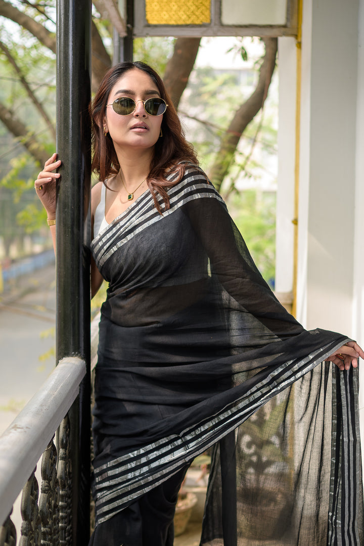 Jet Black Mulmul Cotton Saree