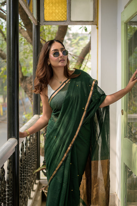 Green Sequinned Mulmul Cotton Saree