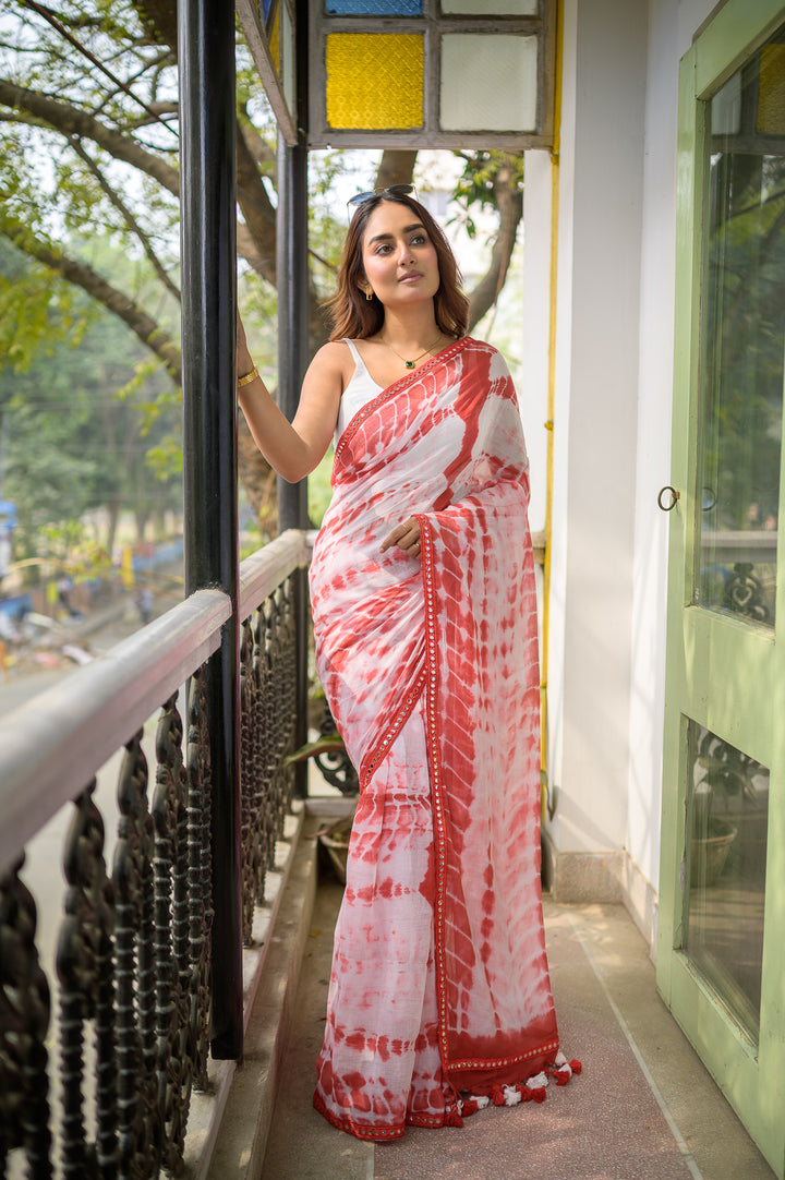 Red Tie Dye Mulmul Cotton Saree