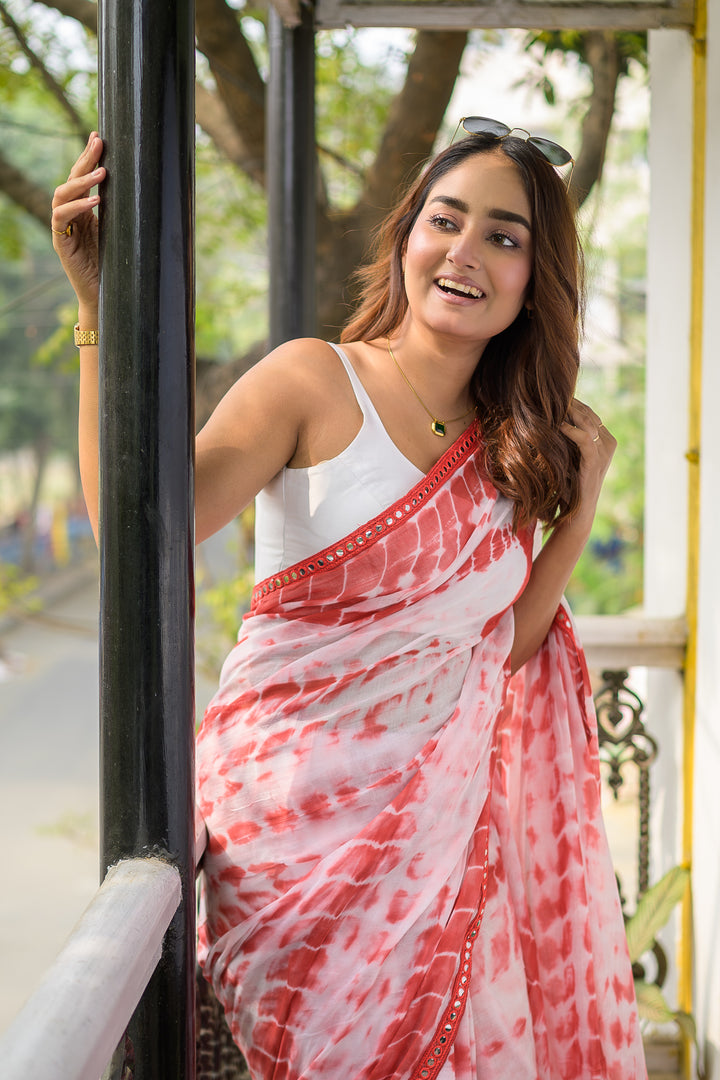 Red Tie Dye Mulmul Cotton Saree