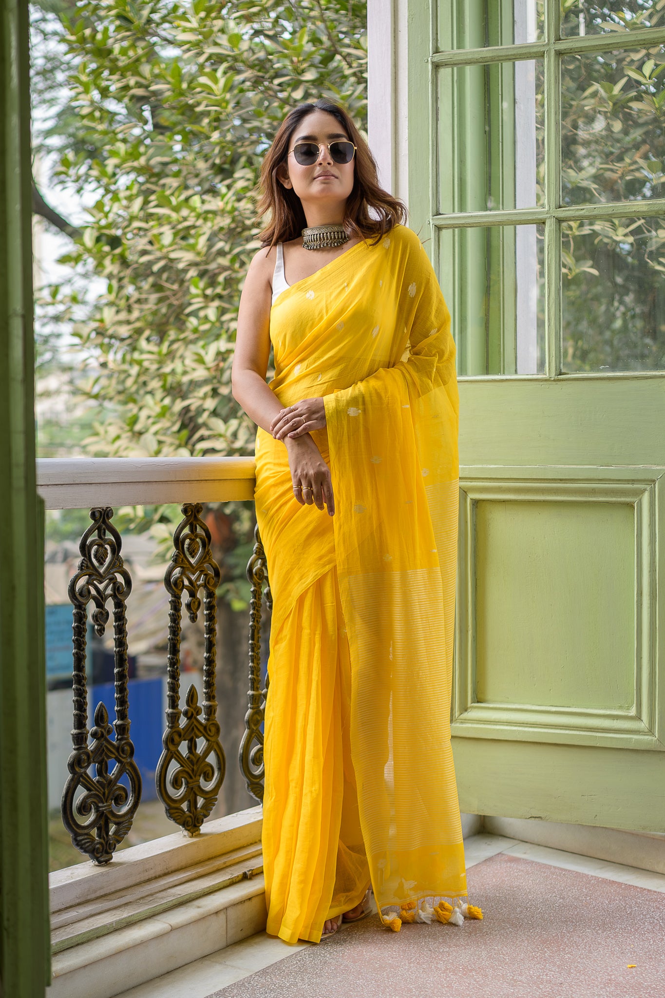 Classic Yellow Mulmul Cotton Saree