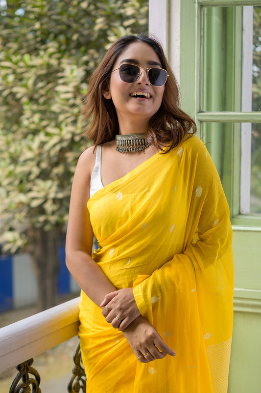Classic Yellow Mulmul Cotton Saree