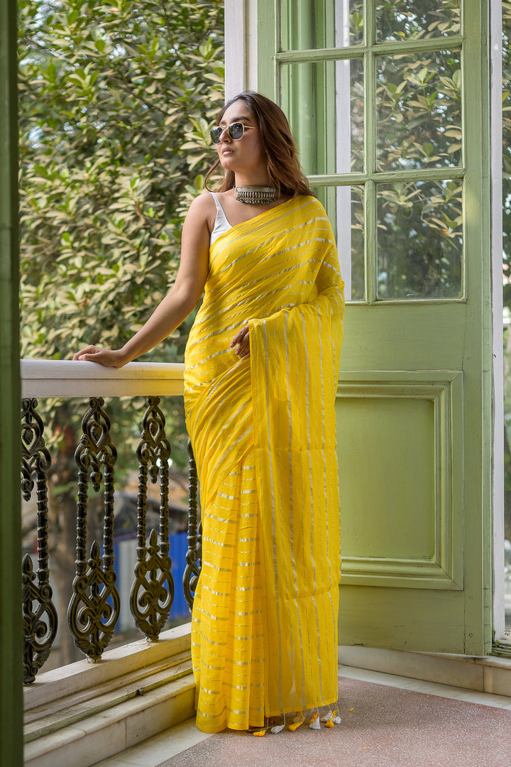 Yellow Mulmul Cotton Saree