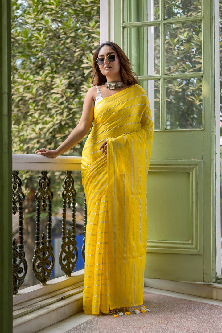 Yellow Mulmul Cotton Saree