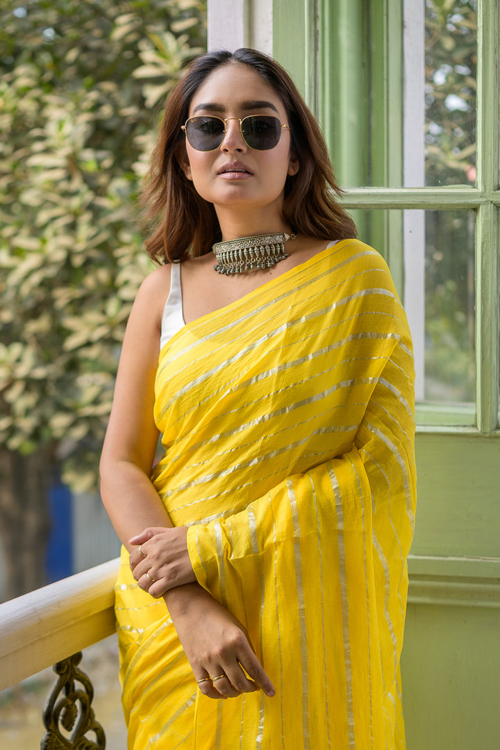 Yellow Mulmul Cotton Saree