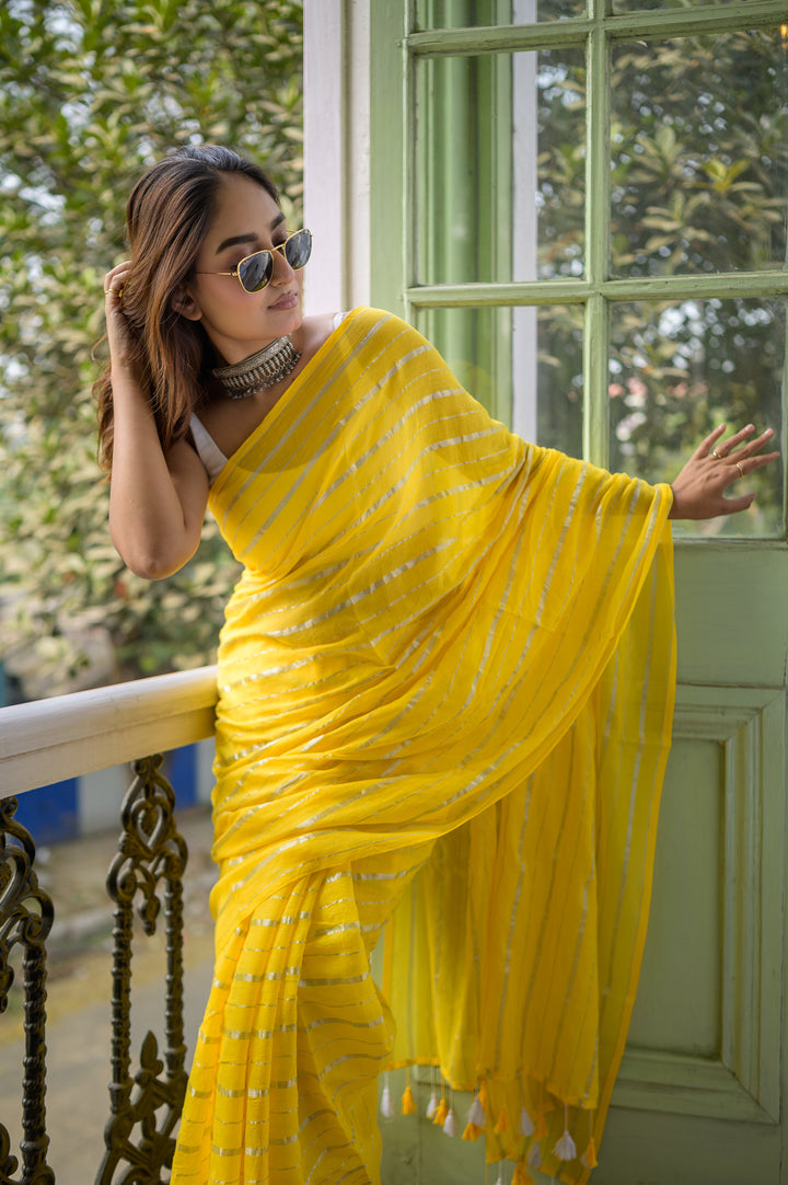 Yellow Mulmul Cotton Saree