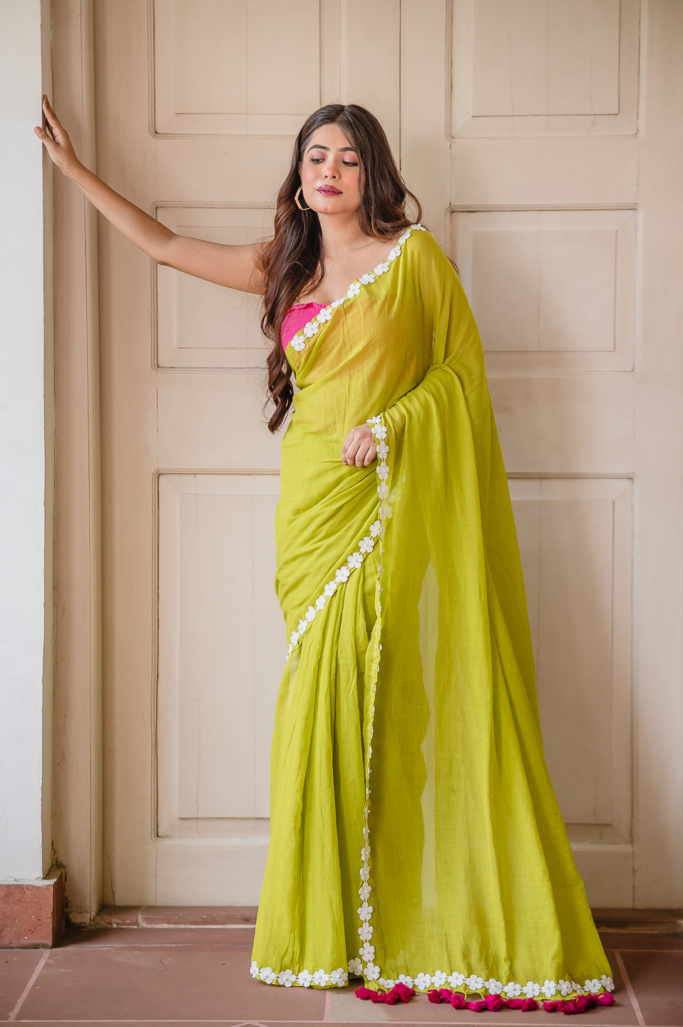 Flower Lime Green Mulmul Cotton Saree