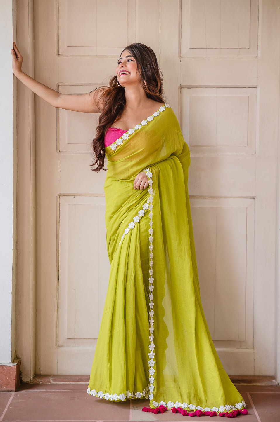 Flower Lime Green Mulmul Cotton Saree