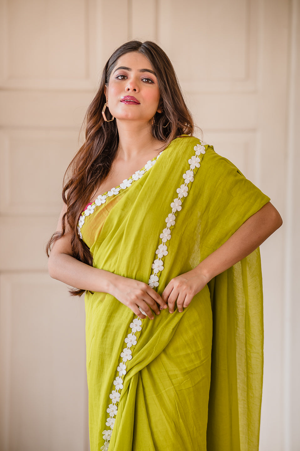 Flower Lime Green Mulmul Cotton Saree