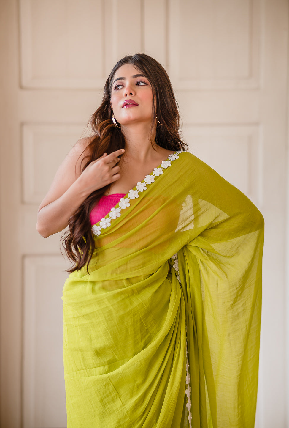 Flower Lime Green Mulmul Cotton Saree