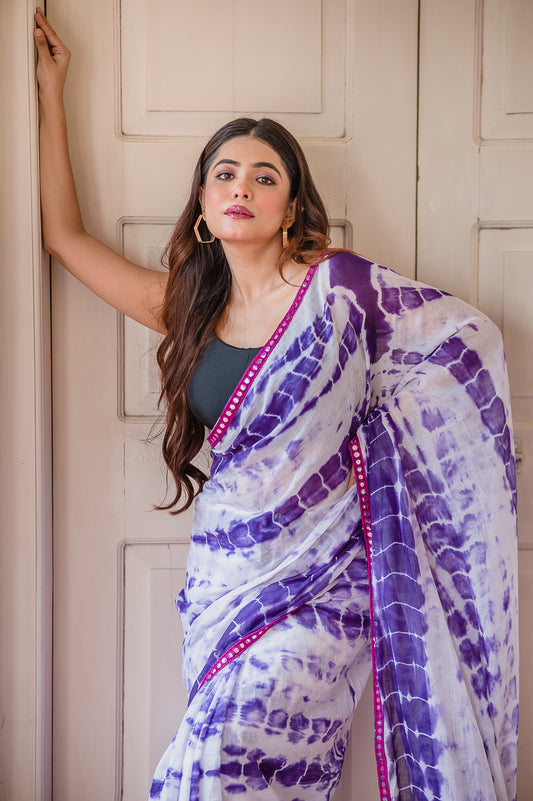 Purple Tie and dye Mulmul Cotton Saree